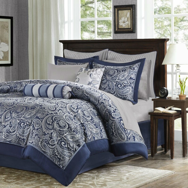 California King 12-piece Reversible Microfiber Comforter Set Navy Blue White - Image 2