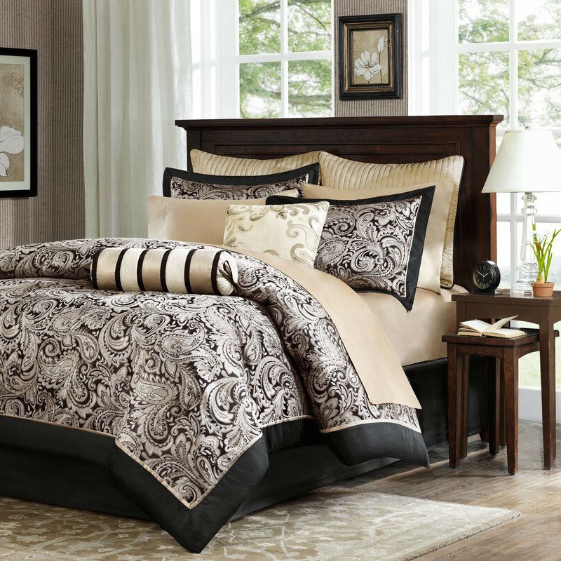 California King 12-Piece Reversible Paisley Cotton Comforter Set in Black Gold - Image 2