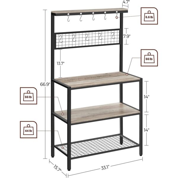 Modern 3-Shelf Black Metal Light Grey Wood Kitchen Baker's Rack Microwave Stand - Image 5