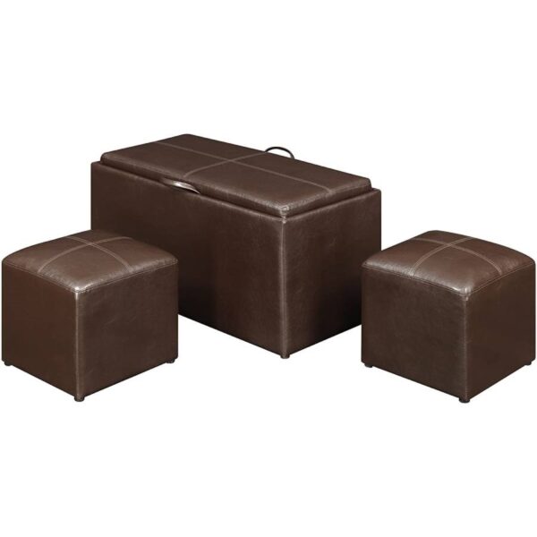 Faux Leather Storage Bench Coffee Table with 2 Side Ottomans - Image 2