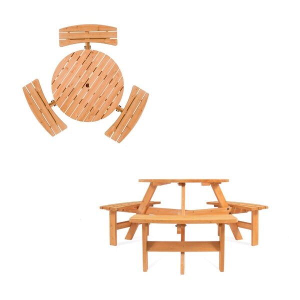 Outdoor Round Wood Picnic Table Bench Set with Umbrella Hole - Seats 6 - Image 2
