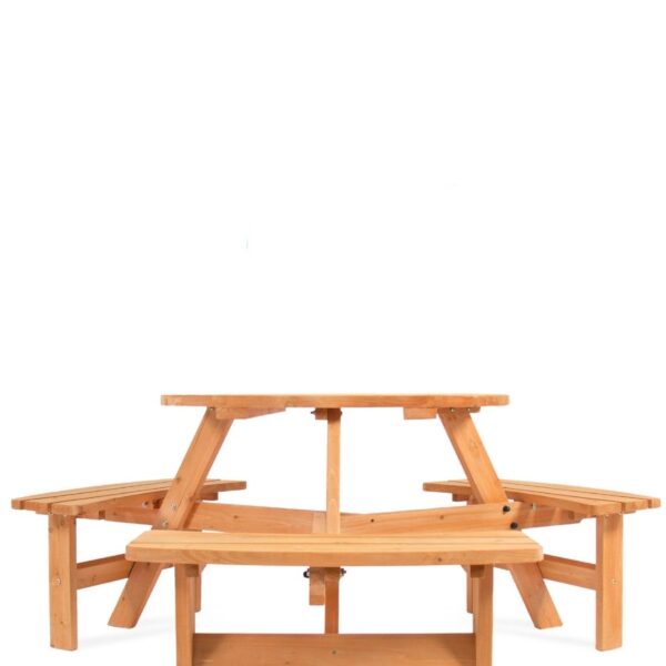 Outdoor Round Wood Picnic Table Bench Set with Umbrella Hole - Seats 6 - Image 3