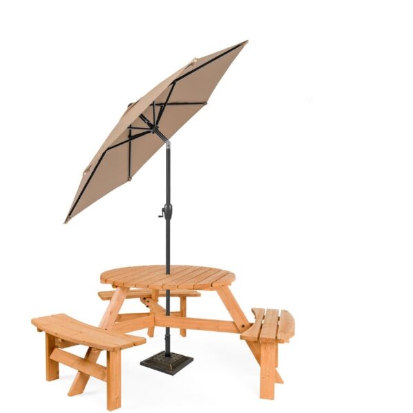 Outdoor Round Wood Picnic Table Bench Set with Umbrella Hole - Seats 6 - Image 4