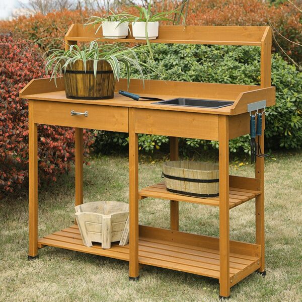 Wooden Potting Bench Work Table-sink Light Oak Finish - Image 2