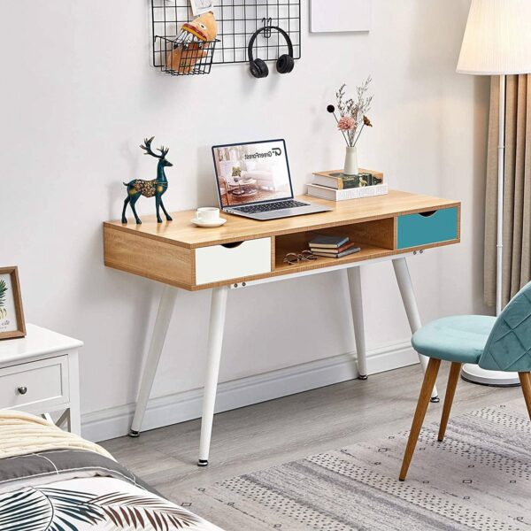 Mid-Century Modern Compact Laptop Computer Desk Writing Table White Teal Wood - Image 3