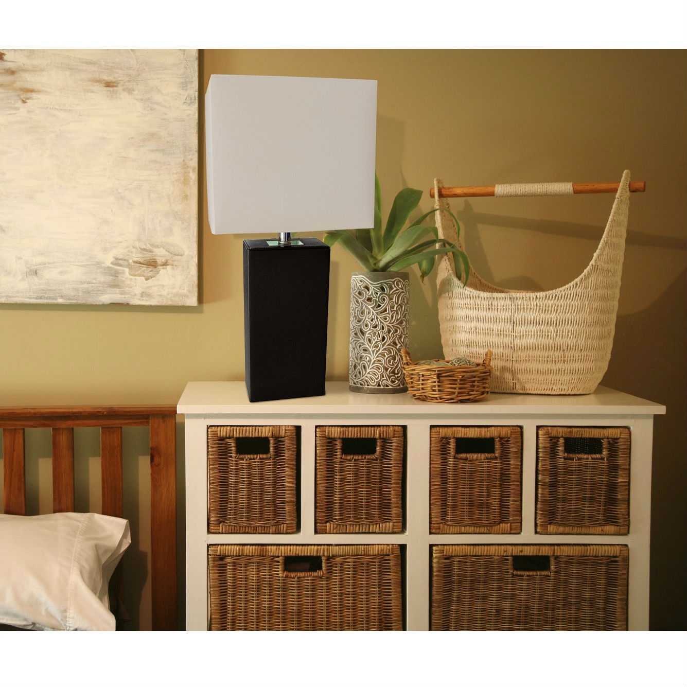 Contemporary Black Leather Table Lamp with White Fabric Shade - Image 2