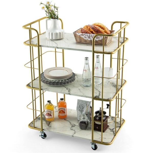 3 Tier Faux Marble Gold Rolling Bar Cart - Image 2