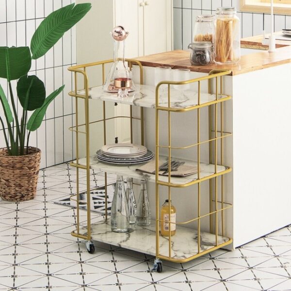 3 Tier Faux Marble Gold Rolling Bar Cart - Image 3