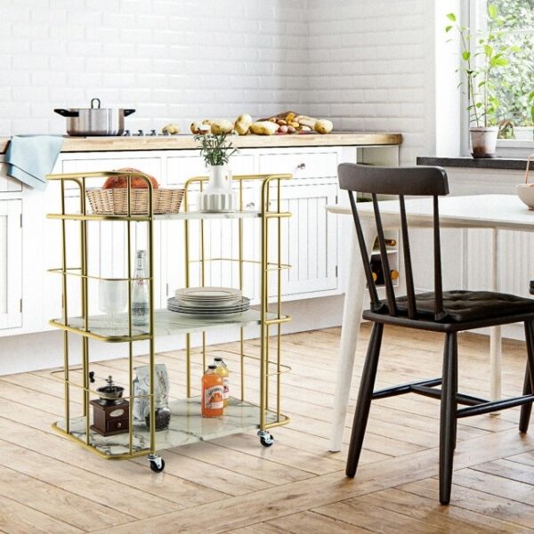 3 Tier Faux Marble Gold Rolling Bar Cart - Image 4