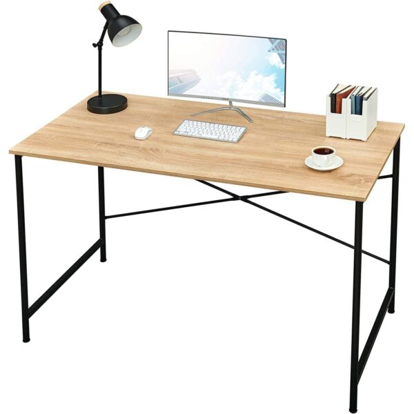 Modern Home Office Computer Desk Table with Black Metal Frame Wood Top in Oak - Image 2