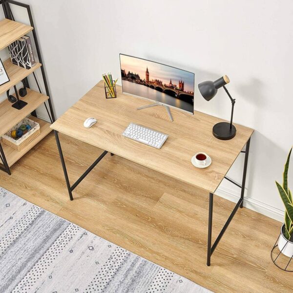 Modern Home Office Computer Desk Table with Black Metal Frame Wood Top in Oak - Image 3