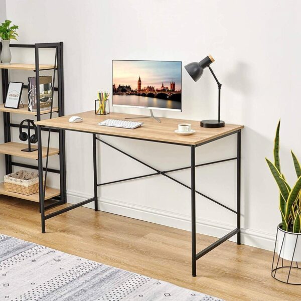 Modern Home Office Computer Desk Table with Black Metal Frame Wood Top in Oak - Image 4