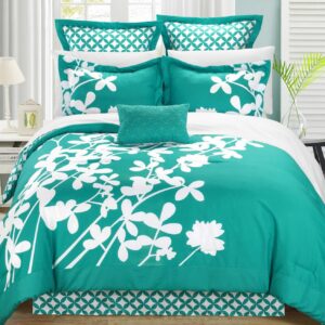 Queen size Turquoise 7-Piece Floral Bed in a Bag Comforter Set