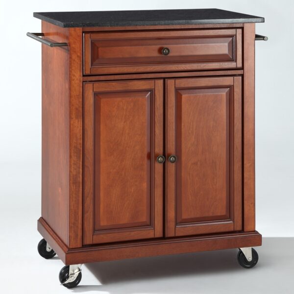 Cherry Portable Kitchen Island Cart w/ Granite Top & Locking Wheels - Image 2