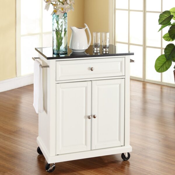 White Kitchen Cart with Granite Top and Locking Casters Wheels - Image 3