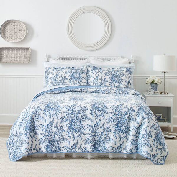 Full/Queen 3 Piece Bed In A Bag Reversible Blue White Floral Cotton Quilt Set - Image 3