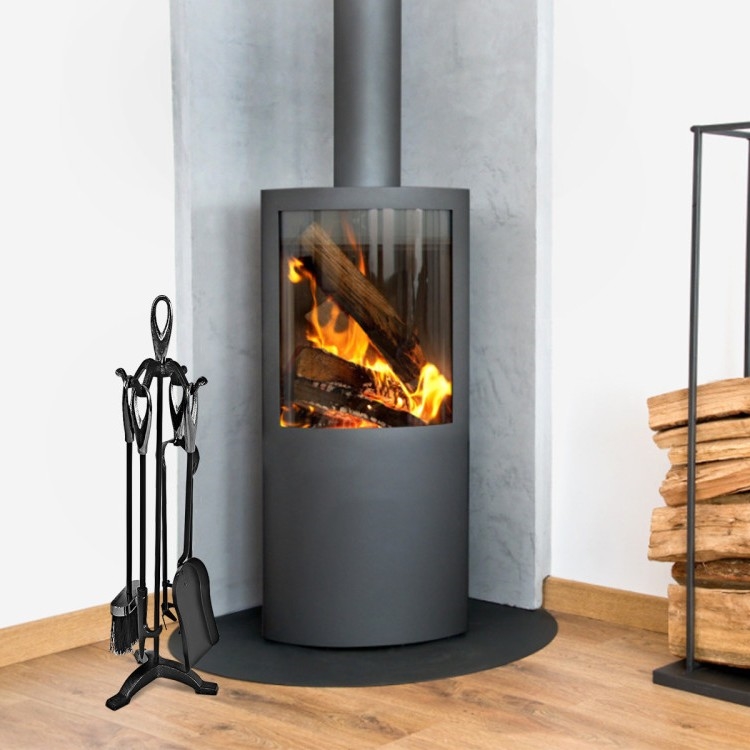 5 Pieces Black Powder Coated Wrought Iron Fireplace Tools Set - Image 2