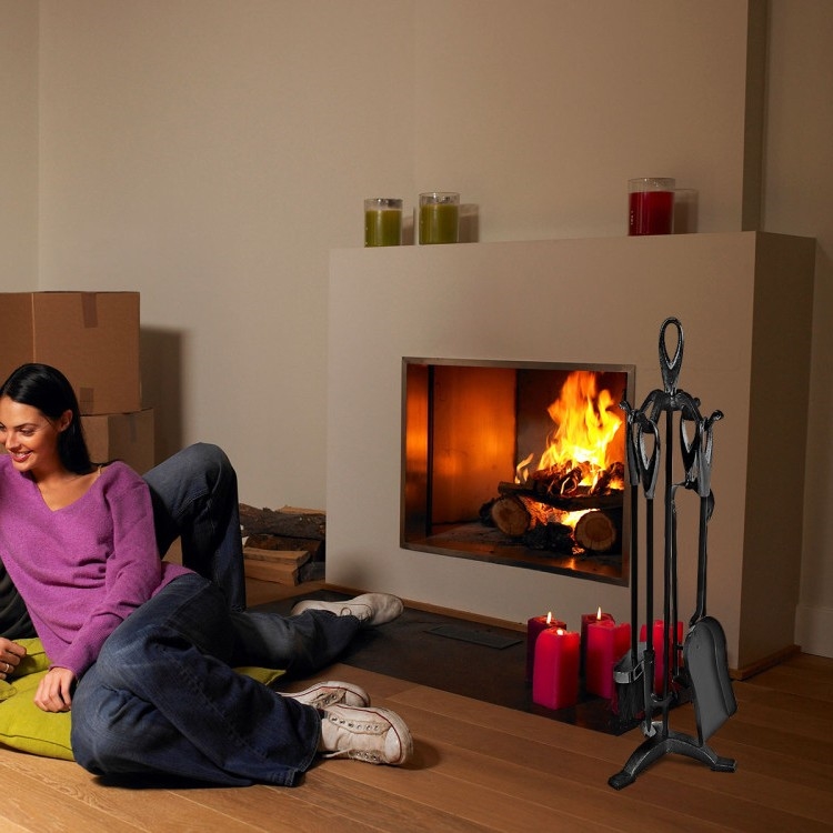 5 Pieces Black Powder Coated Wrought Iron Fireplace Tools Set - Image 5