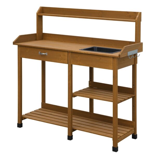 Modern Garden Potting Bench Table with Sink Storage Shelves & Drawer - Image 2