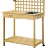 Natural Wood Finish Potting Bench with Trellis Shelving and Sink