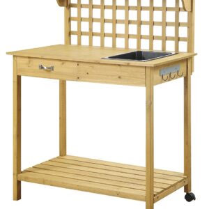 Natural Wood Finish Potting Bench with Trellis Shelving and Sink