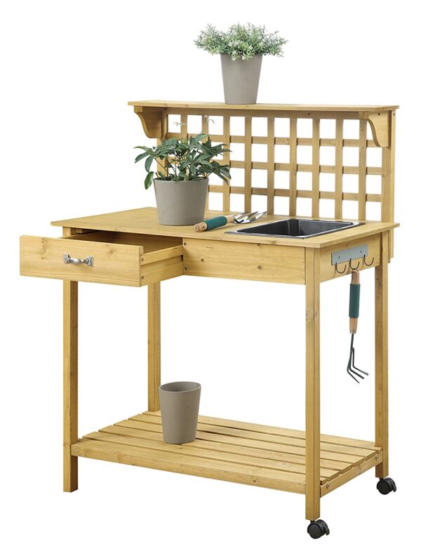 Natural Wood Finish Potting Bench with Trellis Shelving and Sink - Image 2