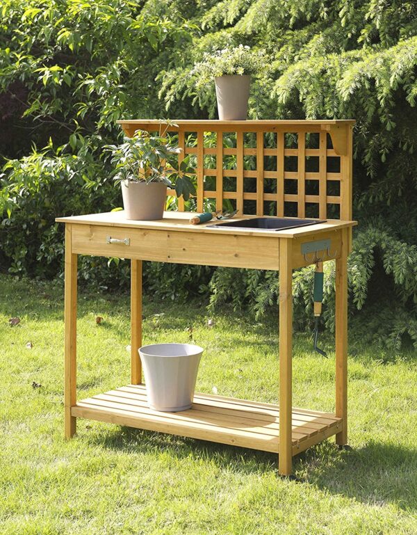 Natural Wood Finish Potting Bench with Trellis Shelving and Sink - Image 3