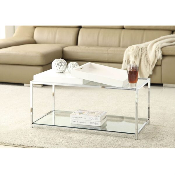 Modern Chrome Metal Coffee Table with 2 White Removable Trays - Image 2