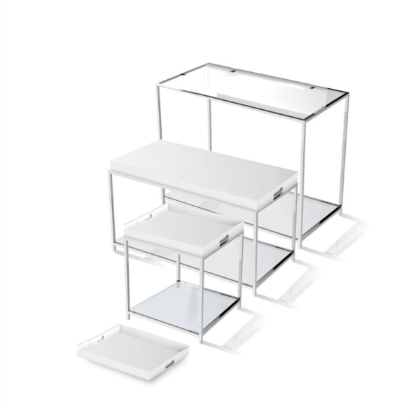 Modern Chrome Metal Coffee Table with 2 White Removable Trays - Image 3