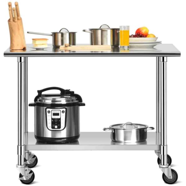 Stainless Steel 4ft x 2ft Kitchen Cart Table on Wheels with Adjustable Shelf - Image 2