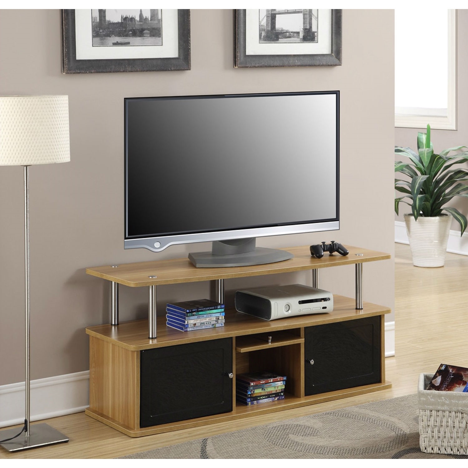 Modern 50-inch TV Stand in Light Oak / Black Wood Finish - Image 3