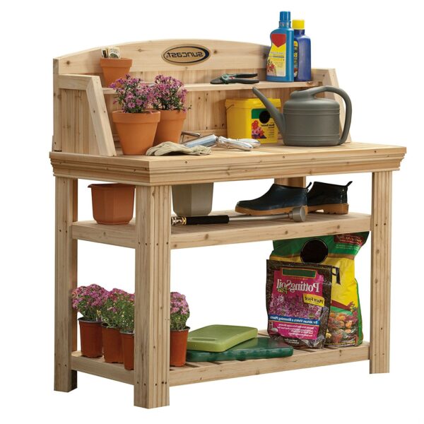 Natural Cedar Wood Potting Bench Garden Work Table with Shelves - Image 2