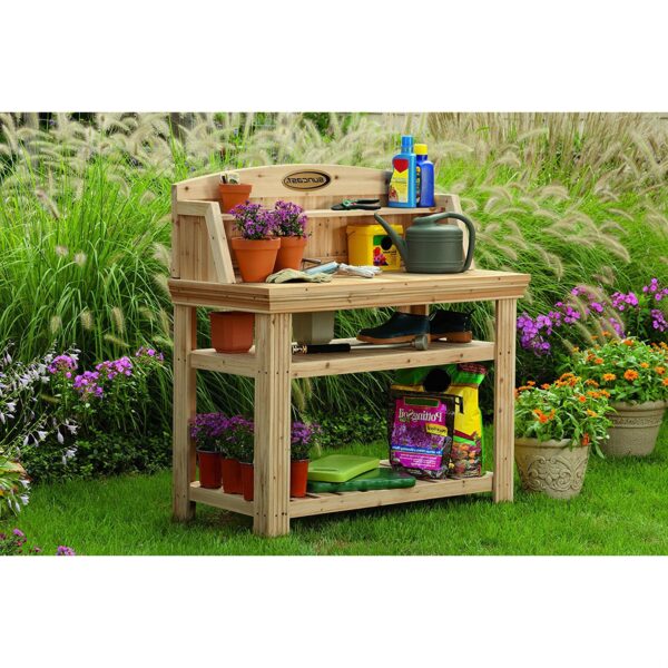 Natural Cedar Wood Potting Bench Garden Work Table with Shelves - Image 3