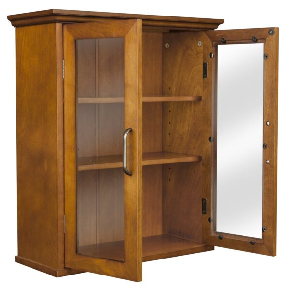 Oak Finish Bathroom Wall Cabinet with Glass  2-Doors & Shelves - Image 2