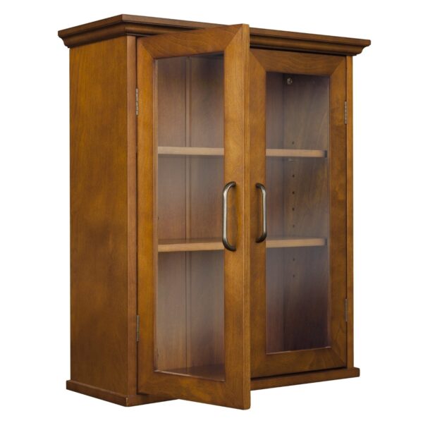 Oak Finish Bathroom Wall Cabinet with Glass  2-Doors & Shelves - Image 3
