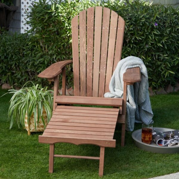 Dark Brown Wood Outdoor Adirondack Chair with Retractable Footrest Ottoman - Image 2
