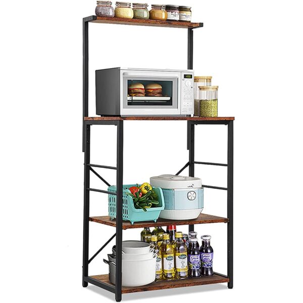 Black Metal 4-Shelf Rustic Brown Wood Kitchen Baker's Rack Microwave Stand - Image 2