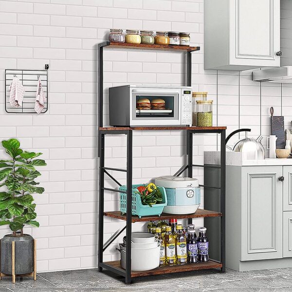 Black Metal 4-Shelf Rustic Brown Wood Kitchen Baker's Rack Microwave Stand - Image 3