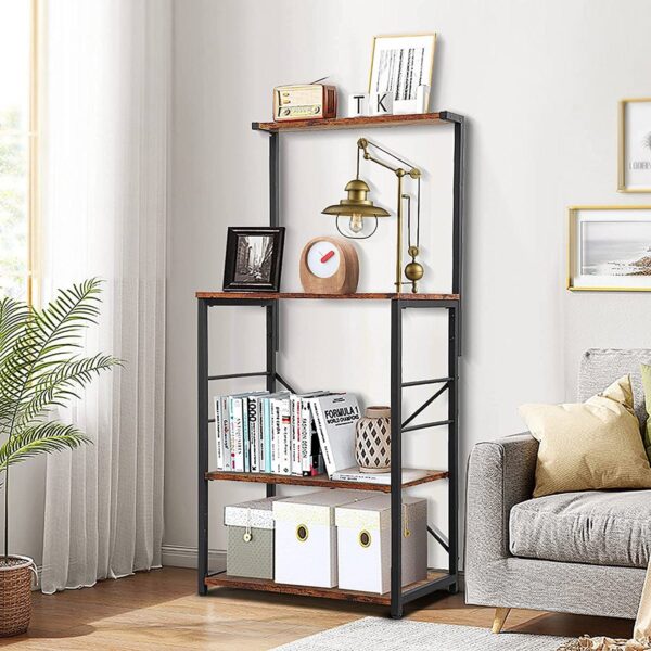 Black Metal 4-Shelf Rustic Brown Wood Kitchen Baker's Rack Microwave Stand - Image 4