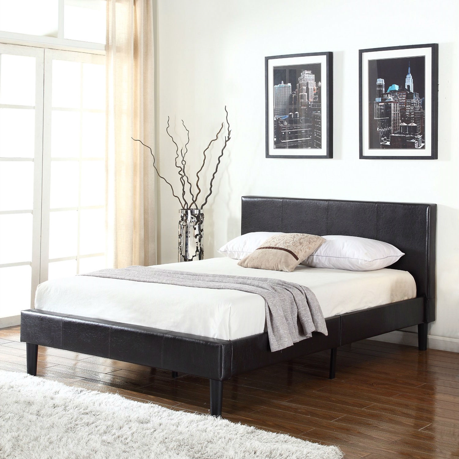 Queen Dark Brown Espresso Faux Leather Upholstered Platform Bed with Padded Headboard - Image 2