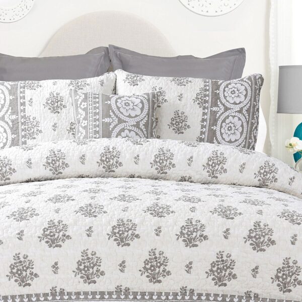 Full / Queen 4-Piece Reversible Grey White Cotton Quilt Set with Decorative Pillow and 2 Shams - Image 3