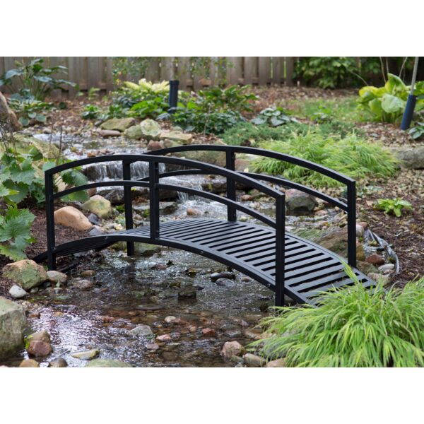 Modern 8-Ft Metal Garden Bridge with Arched Rails in Black Powder Coated Steel - Image 2