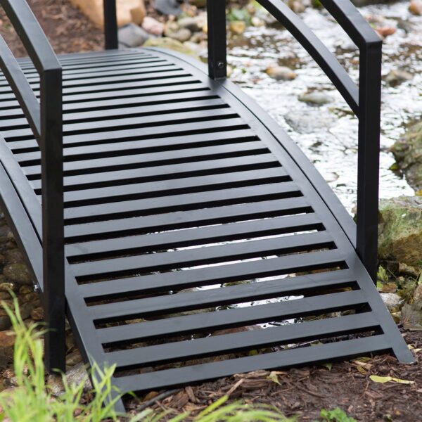 Modern 8-Ft Metal Garden Bridge with Arched Rails in Black Powder Coated Steel - Image 3