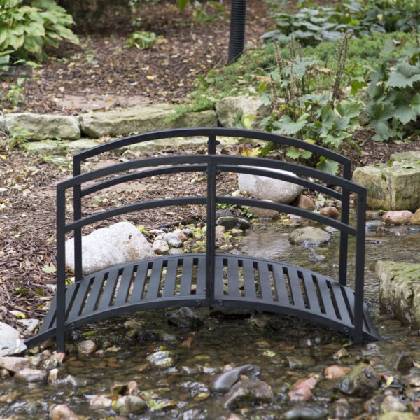 Contemporary Outdoor 4-Ft Metal Garden Bridge in Black Steel with Side Rails - Image 3