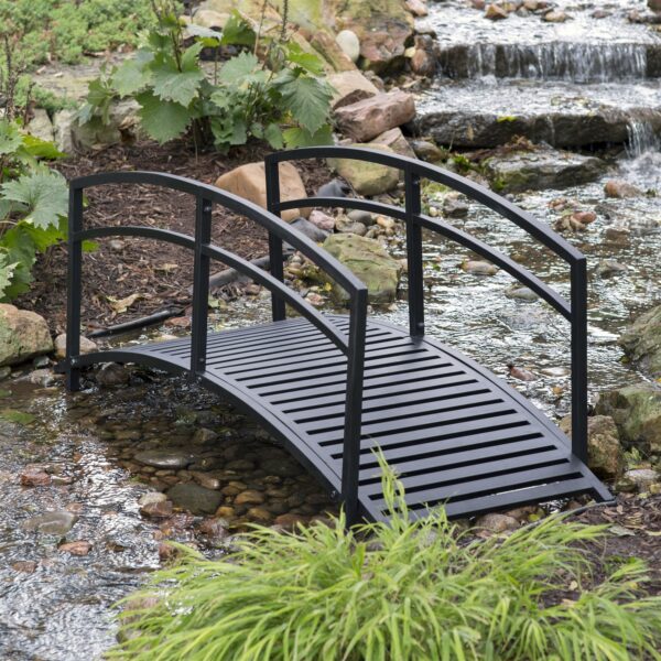 Sturdy 6-Foot Black Metal Garden Bridge with Double Arch Side Rails - Image 2