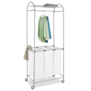 Metal Frame 3-Bag Laundry Hamper Sorter Cart with Clothes Hanging Bar