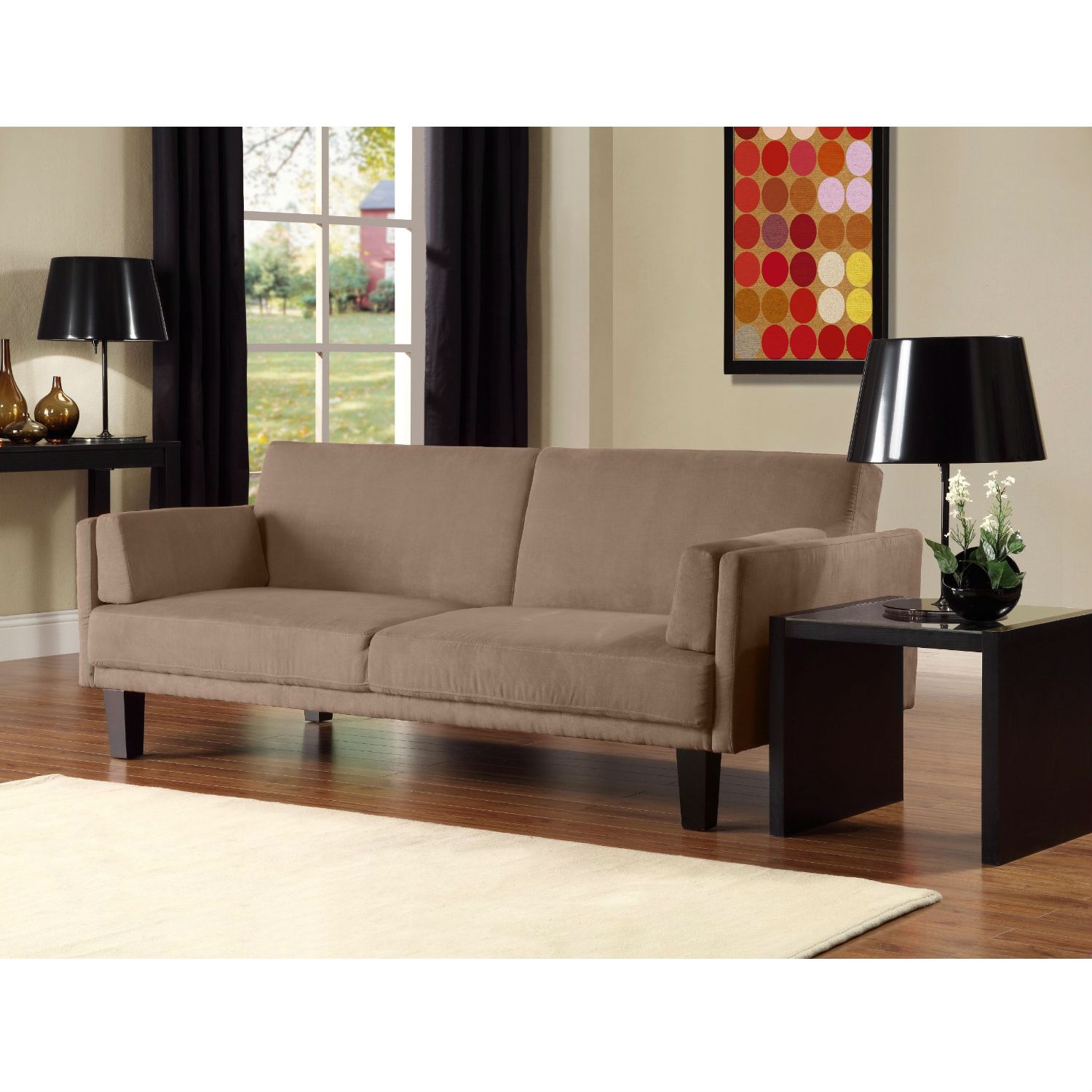 Modern Tan Microfiber Upholstered Futon Style Sleeper Sofa Bed - Image 2
