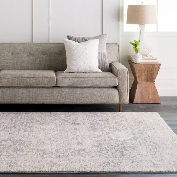 5' x 7' Distressed Oriental Area Rug in Light Grey / Beige - Image 2
