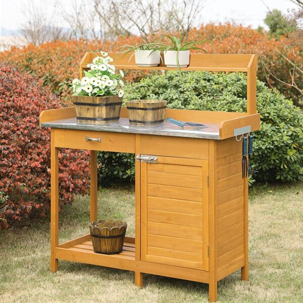 Outdoor Garden Organizer Stainless Steel Top Potting Bench Storage Cabinet - Image 2