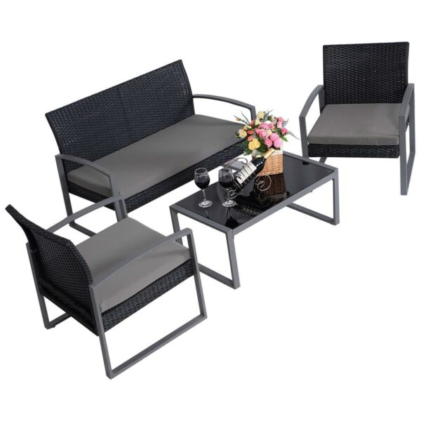 4 Piece Black / Gray Complete Patio Rattan Set with Matching Table - Image 2